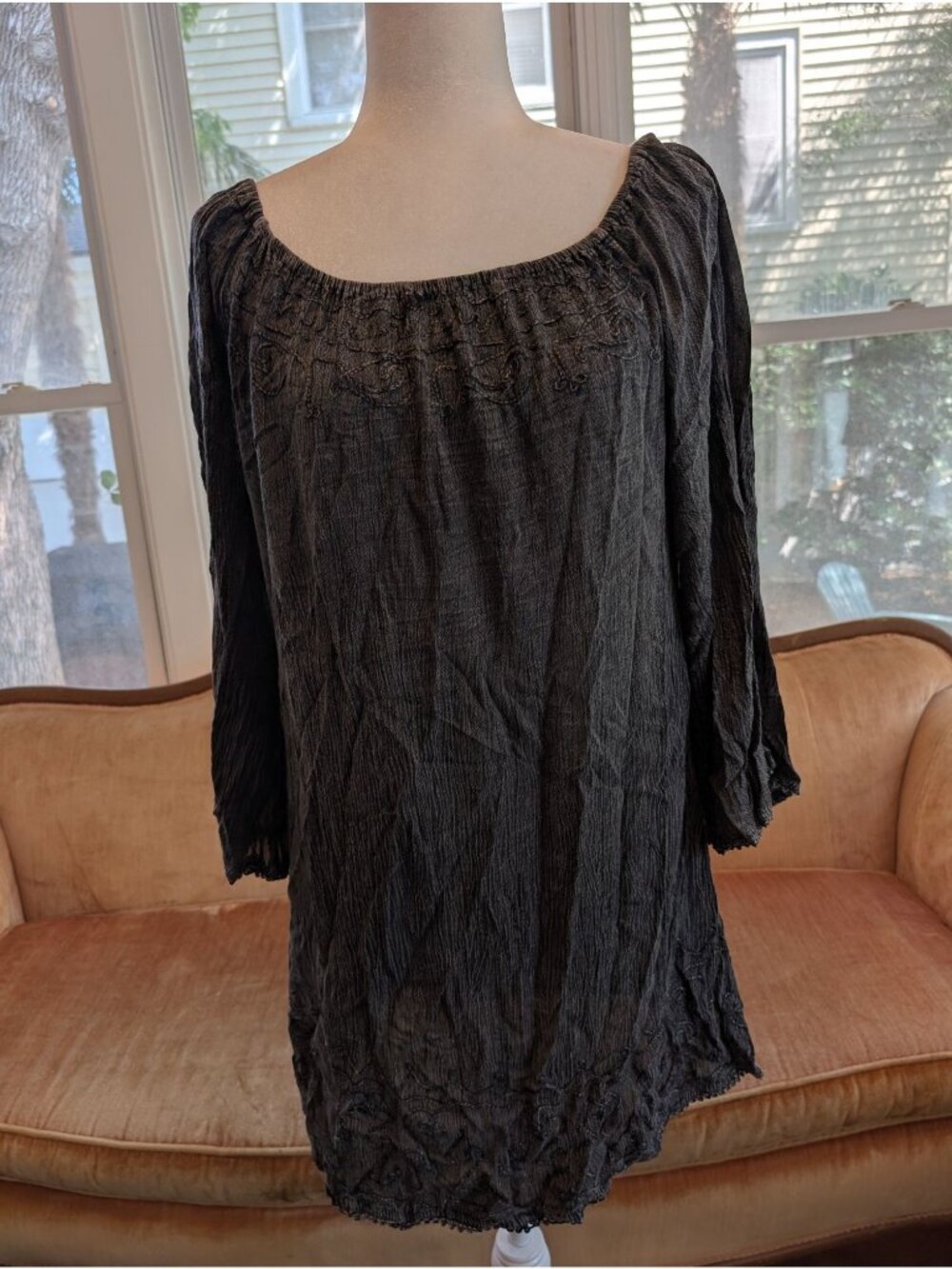 Black Crinkled Gauze Peasant Tunic Dress Size XL Whimsigoth Western Boho